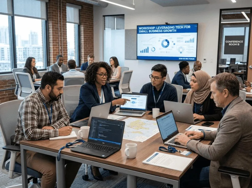 Business leaders in a technology workshop discussing responsible AI and digital strategy