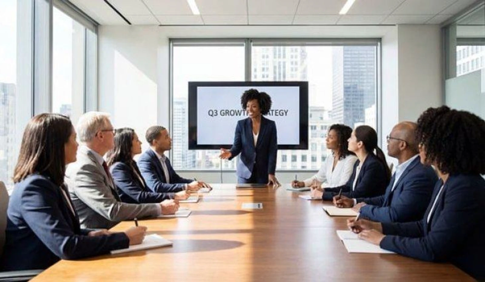 An executive presenting strategy to a board of directors in a corporate boardroom
