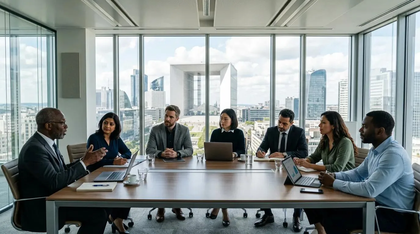 Executive leadership meeting reviewing technology governance in a boardroom overlooking the city
