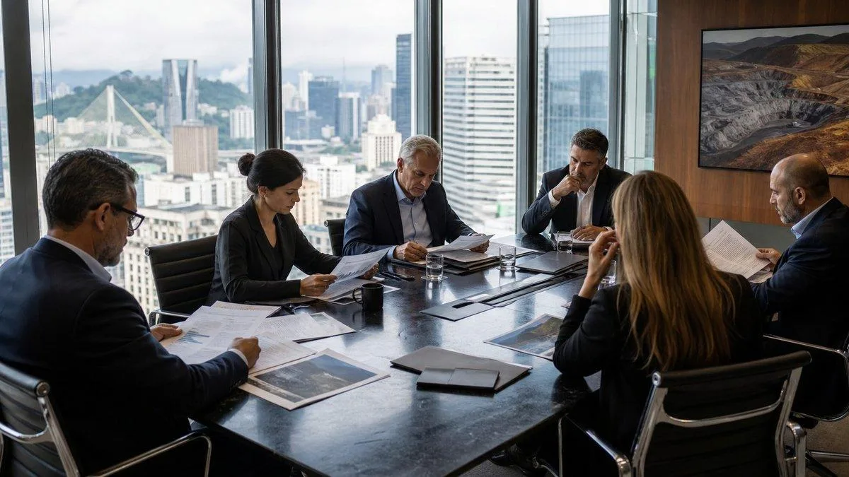 Directors reviewing governance documentation around a boardroom table